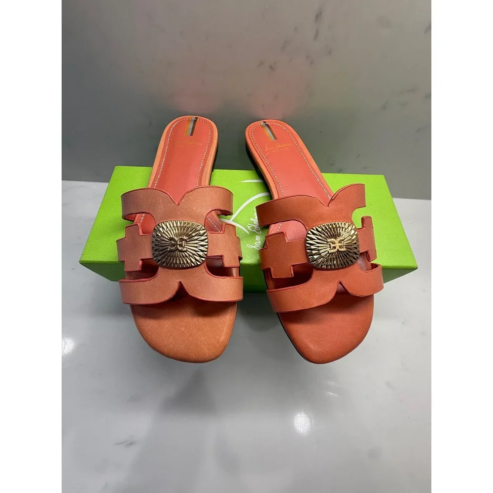 Sam Edelman Bay Pink Leather Slide Sandals Gold Medallion Flat 6.5M I5218L4650